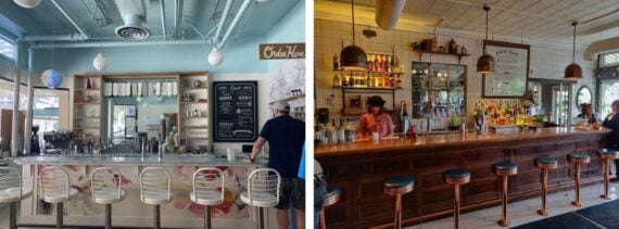 bar stool at two old-fashion soda fountains