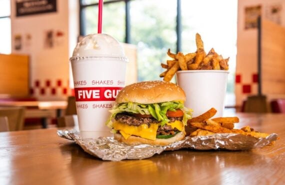 Five Guys Meal with burger, fries, and milkshake