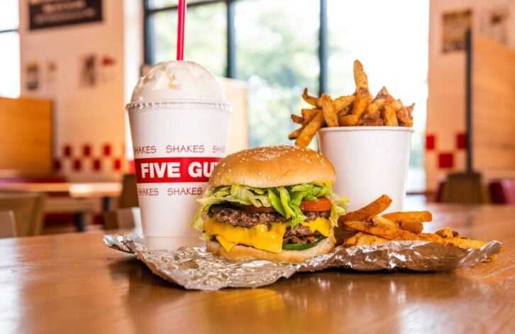 Five Guys Meal with burger, fries, and milkshake