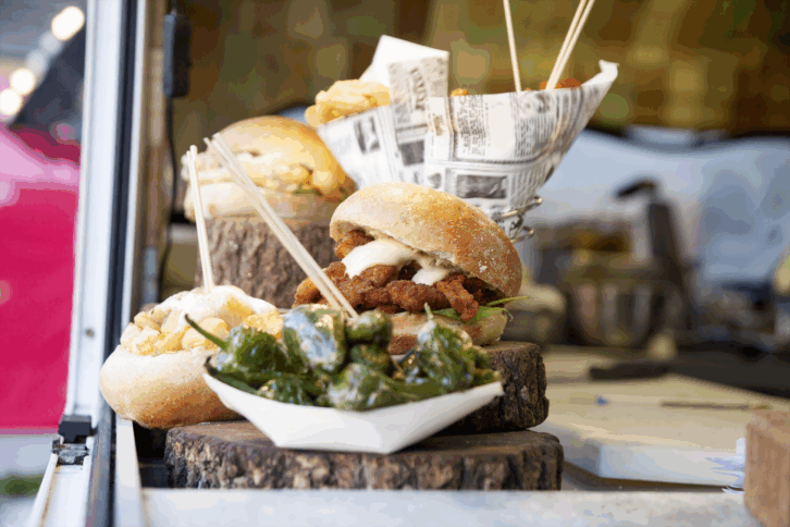 Street food in the window of a food truck