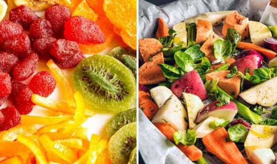 Diptych of dried fruit and roasted root vegetables