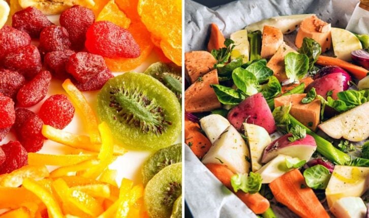 Diptych of dried fruit and roasted root vegetables