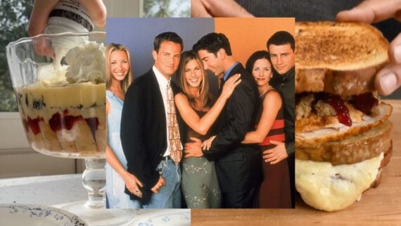 Screenshots of a trifle and sandwich inspired by the TV Show Friends with an image of the cast of Friends in the middle.