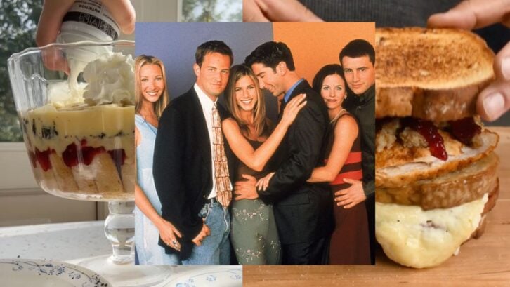 Screenshots of a trifle and sandwich inspired by the TV Show Friends with an image of the cast of Friends in the middle.