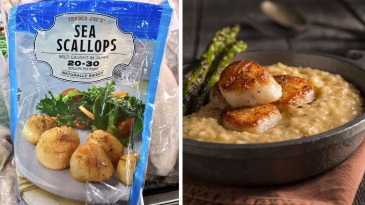 Trader Joe's frozen scallops and an image of cooked scallops on risotto with asparagus