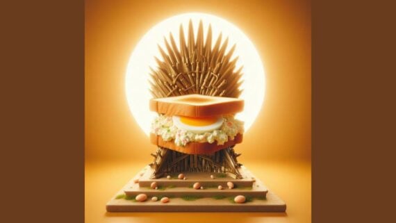 egg salad sitting on the iron throne from bing image creator