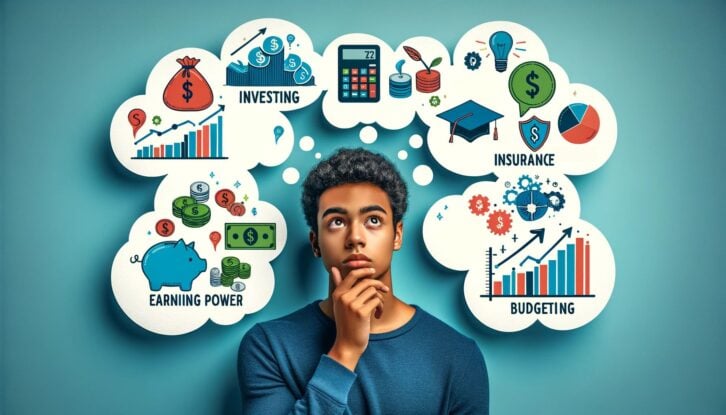 An image of a Gen Z boy surrounded by thought bubbles related to finances