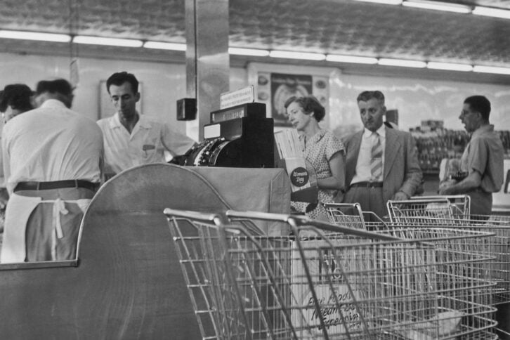 checkout line at supermarket circa 1960