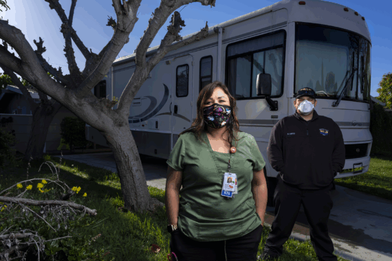 Lisa Magallanes, 39, has been an ER nurse since 2015. She is seen with her son Jimmy who is a recently qualified EMT. They are both socially isolating from their family in a donated RV while they deal with treating Covid-19 patients.