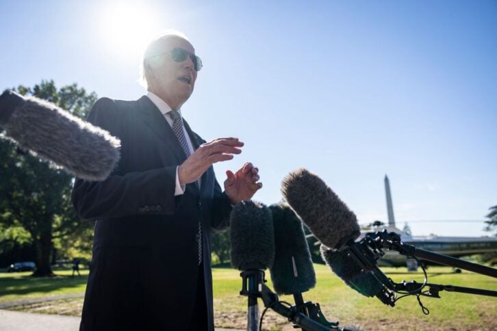 U.S. President Joe Biden speaks to reporters before boarding Marine One on the South Lawn of the White House October 6, 2022 in Washington, DC.