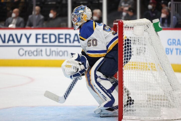Jordan Binnington #50 of the St Louis Blues tends goal against the Colorado Avalanche during the second period in Game Two of the First Round of the 2021 Stanley Cup Playoffs