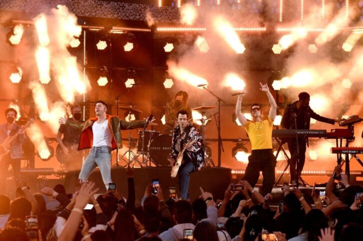 (L-R) Nick Jonas, Kevin Jonas, and Joe Jonas of Jonas Brothers perform onstage for the 2021 Billboard Music Awards, broadcast on May 23, 2021 at Microsoft Theater in Los Angeles, California.