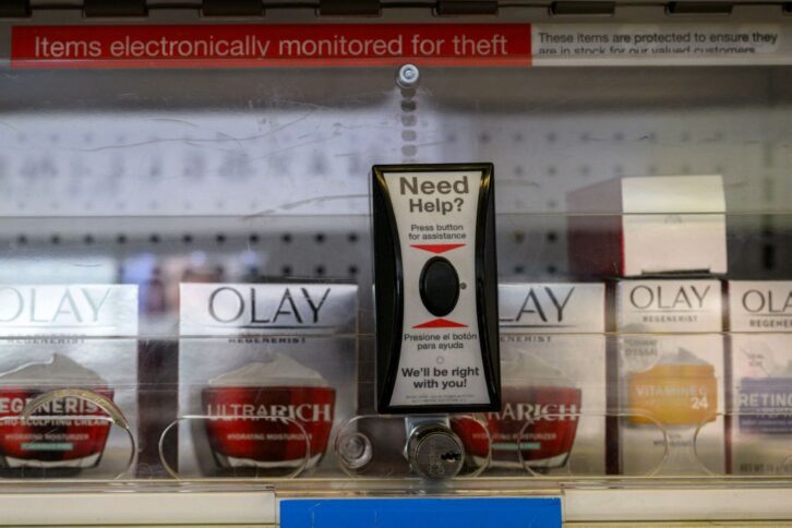 Locked up items to prevent shoplifting and assistance button are seen at a Duane Reade drugstore and pharmacy on August 24, 2023 in New York City. Major retailers Walmart and Target, drugstore chains CVS and Walgreens, as well as home improvement firm