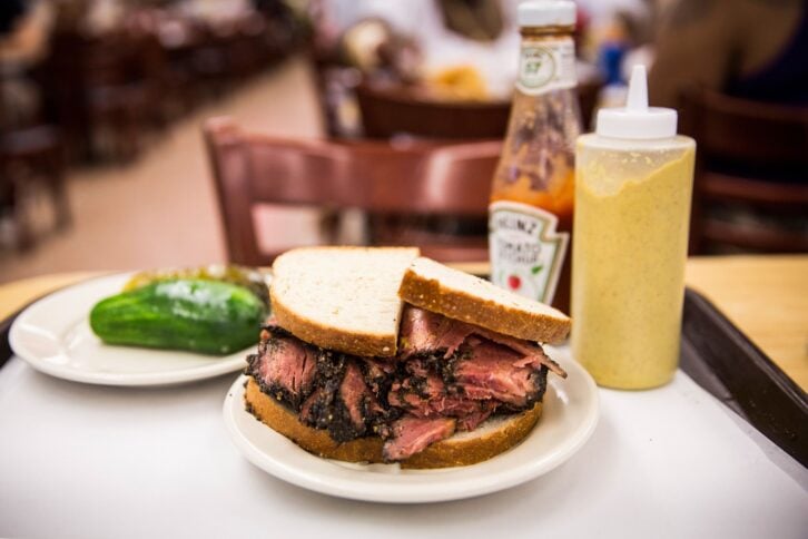 Pastrami sandwich and pickles at Katz's Deli