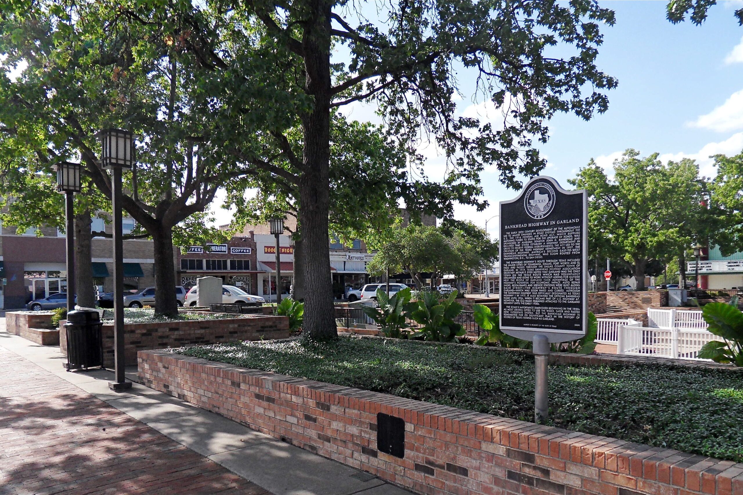 the square - the historical part of downtown garland, with historical marker, shops, and landscaping, summer 2014