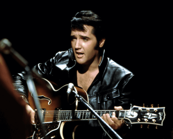 Rock and roll musician Elvis Presley performing on the Elvis comeback TV special on June 27, 1968. 