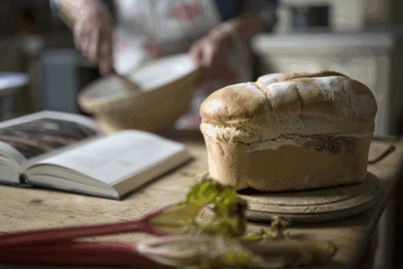 a fresh homemade loaf of bread in a rustic kitchen with a person cooking in the background
