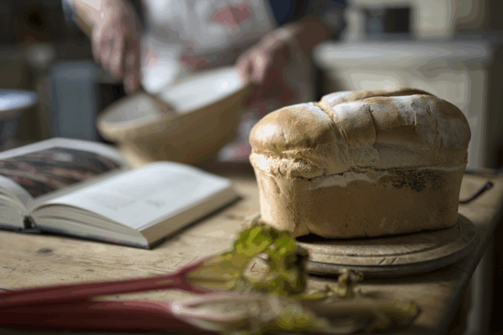 a fresh homemade loaf of bread in a rustic kitchen with a person cooking in the background