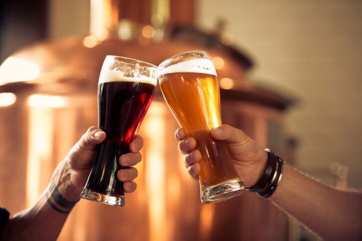 friends toasting with beer glasses in the microbrewery
