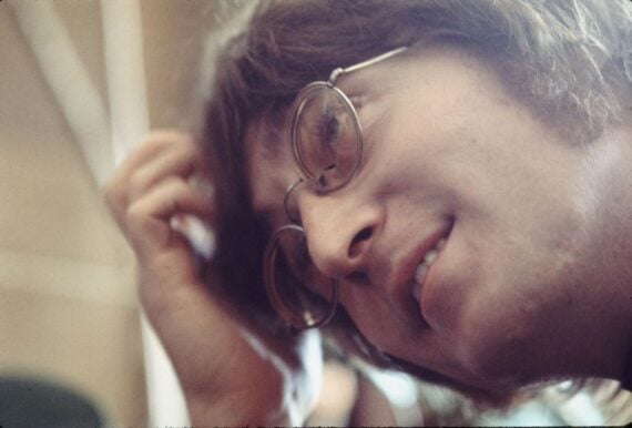 John Lennon in Selfridges department store, Oxford Street, London in 1971 to promote the publication of the 2nd edition of Yoko Ono's book Grapefruit