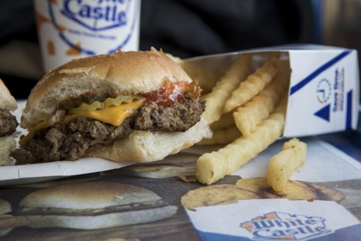 meatless 'Impossible Slider' sits on a table at a White Castle restaurant