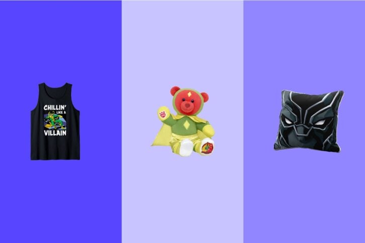 Marvel villain tank top, Vision Build-a-Bear, and Black Panther pillow