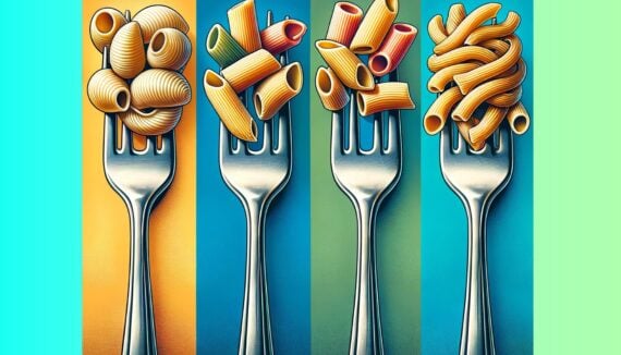 An AI-generated image with four forks with different types of noodles in their tines  are against a multi-colored background.