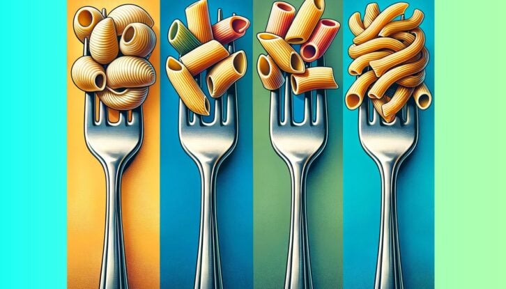 An AI-generated image with four forks with different types of noodles in their tines  are against a multi-colored background.