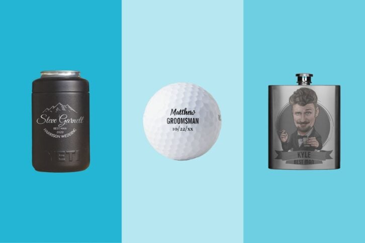 Groomsman Gifts: A personalized Yeti colster, a personalized golfball, and a personalized flask