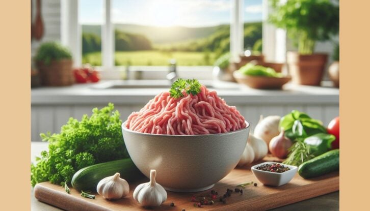 bing image creator illustration of a bowl of ground meat with veggies in front of a kitchen window