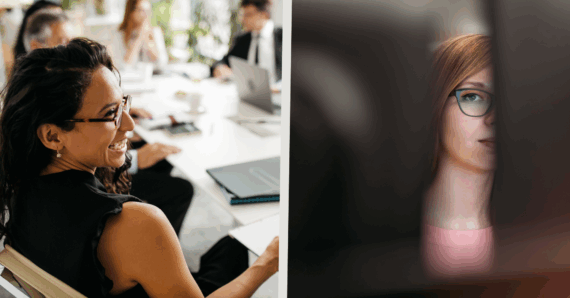 Half slides of a happy woman sitting around a conference table at a meeting and a creepy woman peering in between two black monitors, both at work