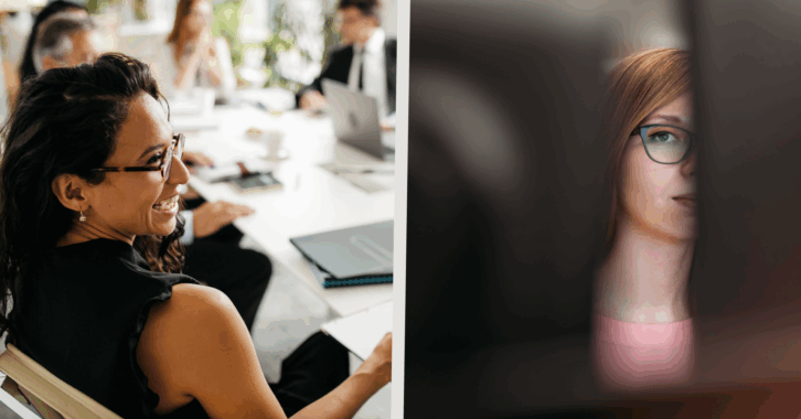 Half slides of a happy woman sitting around a conference table at a meeting and a creepy woman peering in between two black monitors, both at work