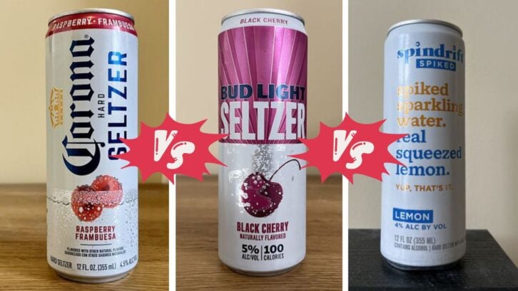 Hard seltzer cans from Corona, Bud Light, and Spindrift on tables with "Vs" image between them.