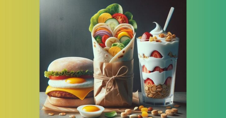 A colorful computer generated image showing the concept of healthy fast food. The image includes a version of an Egg McMuffin, a veggie wrap sandwich, and a yogurt parfait.