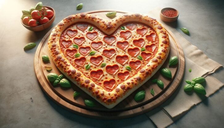 AI-generated image of a heart-shaped pizza with heart-shaped pepperoni