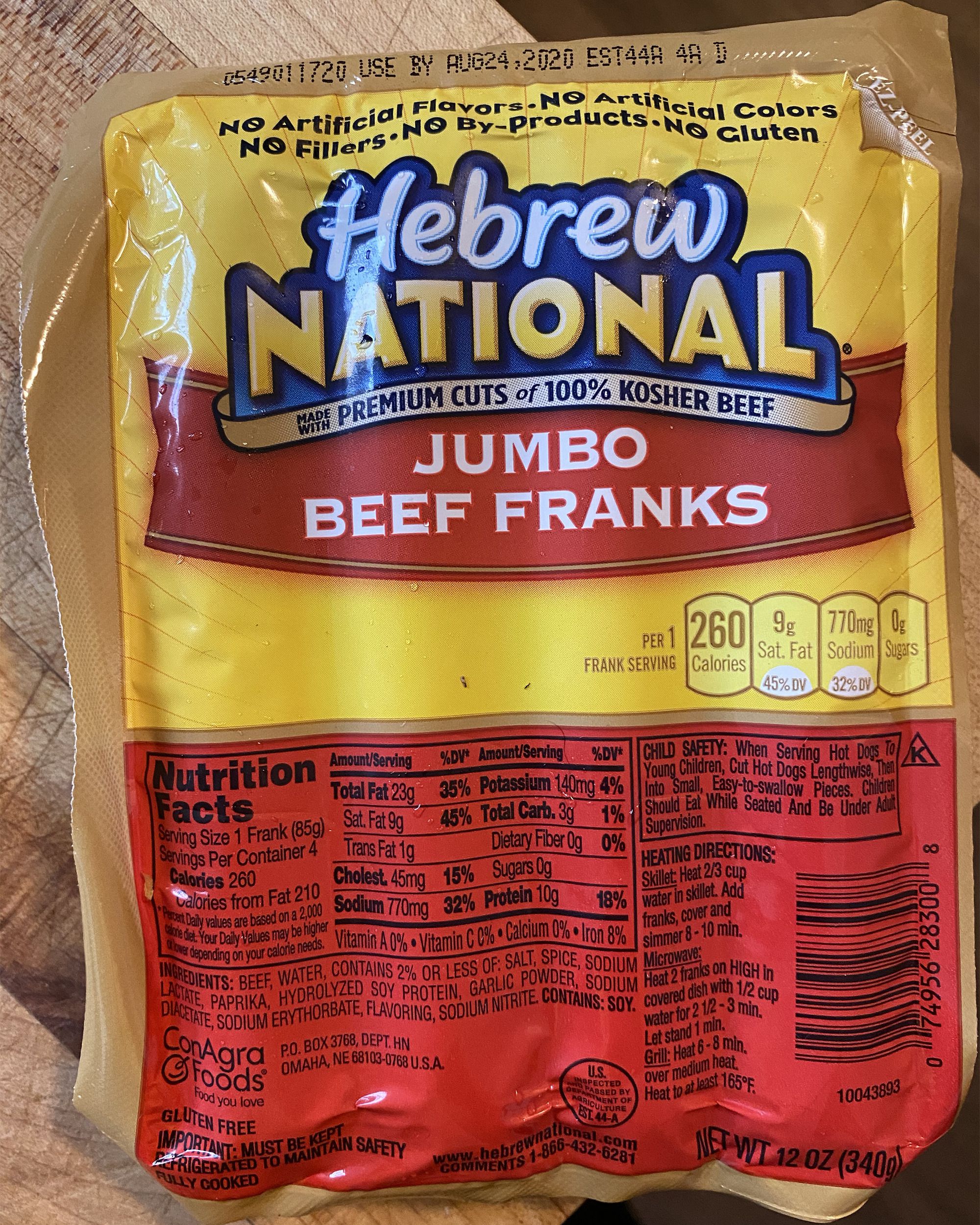 closeup of Hebrew National Jumbo Beef Franks on table