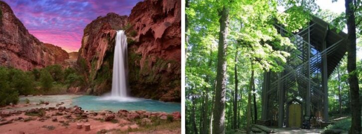 a waterfall, a tall building in the woods