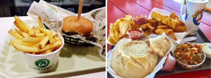 a burger and fries. a seafood meal on a tray