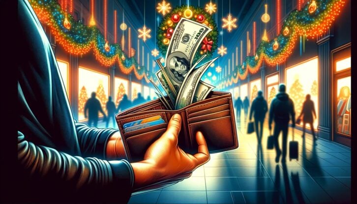 money coming out of someone's wallet at christmastime