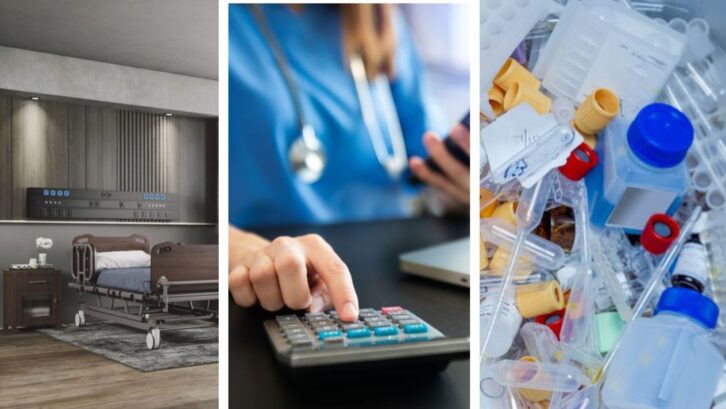An image of a fancy hospital waiting room, Hand of smart doctor used a calculator and smartphone, tablet for medical costs in hospital, An image of a pile of medication waste.