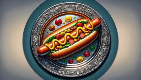 Illustration of a hot dog on a silver platter