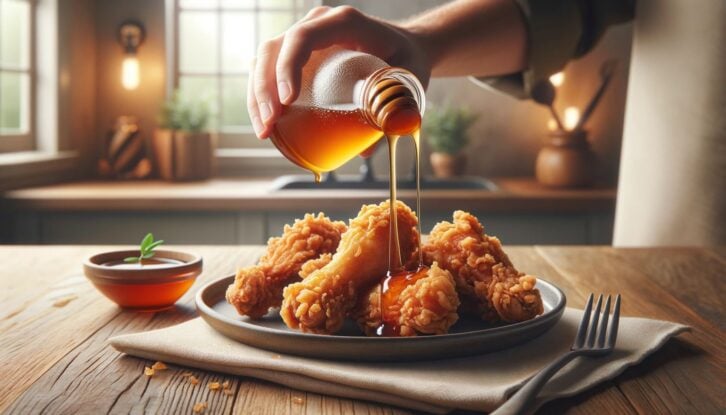 AI-generated image of  hot honey being drizzled over crispy fried chicken.