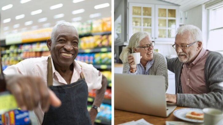 African American male worker smiling at grocery store, white older couple lauighing at computer