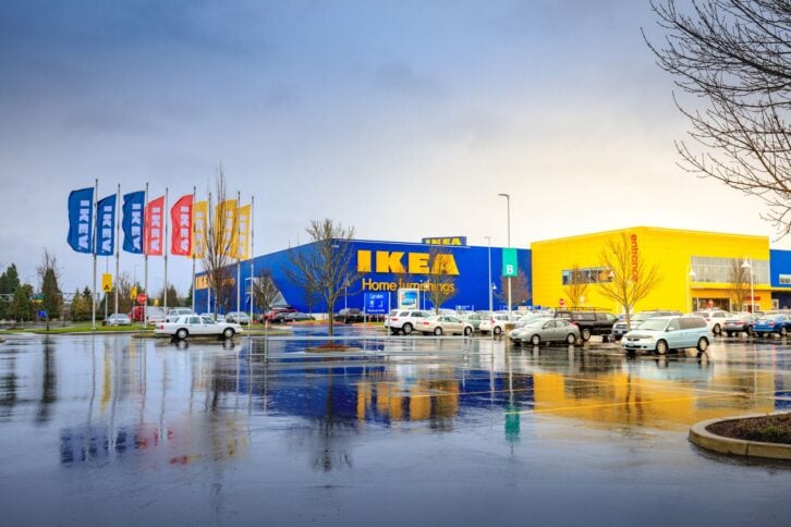 IKEA store on Cascades Pkwy, Portland, Oregon after a gentle rain during winter, showing refection of store on parking lot