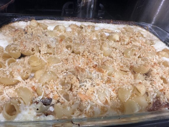 Mac and Cheese in a glass baking dish