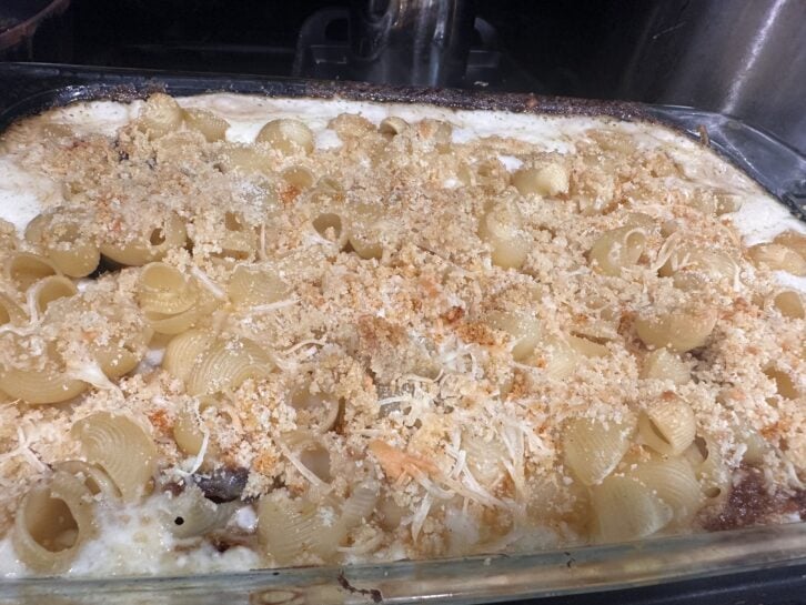Mac and Cheese in a glass baking dish