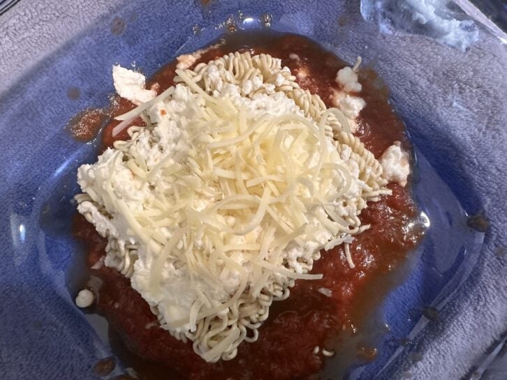 pan of ramen lasagna uncooked