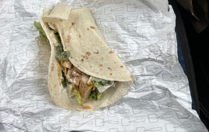 wrap with grilled chicken, lettuce, cheese, and ranch