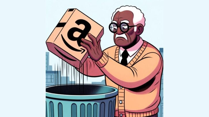 Illustration of man throwing away Amazon Prime box