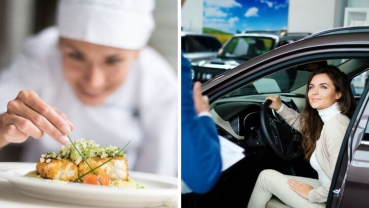 Cook decorating a plate and putting the ultimate touches. Woman Is in Car in Car Dealership Showroom Looking at Male Car Dealer.